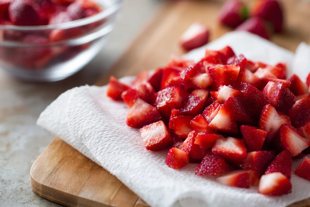 diced strawberries prepared for strawberry cheesecake cookies
