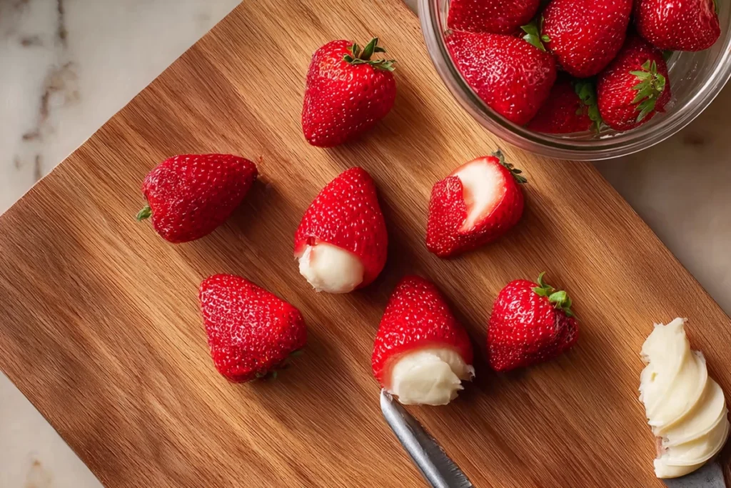 hollowed strawberries on wooden board for cheesecake stuffed strawberries preparation