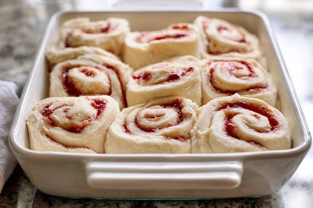 Proofed Strawberry Cinnamon Rolls ready to bake in a pan