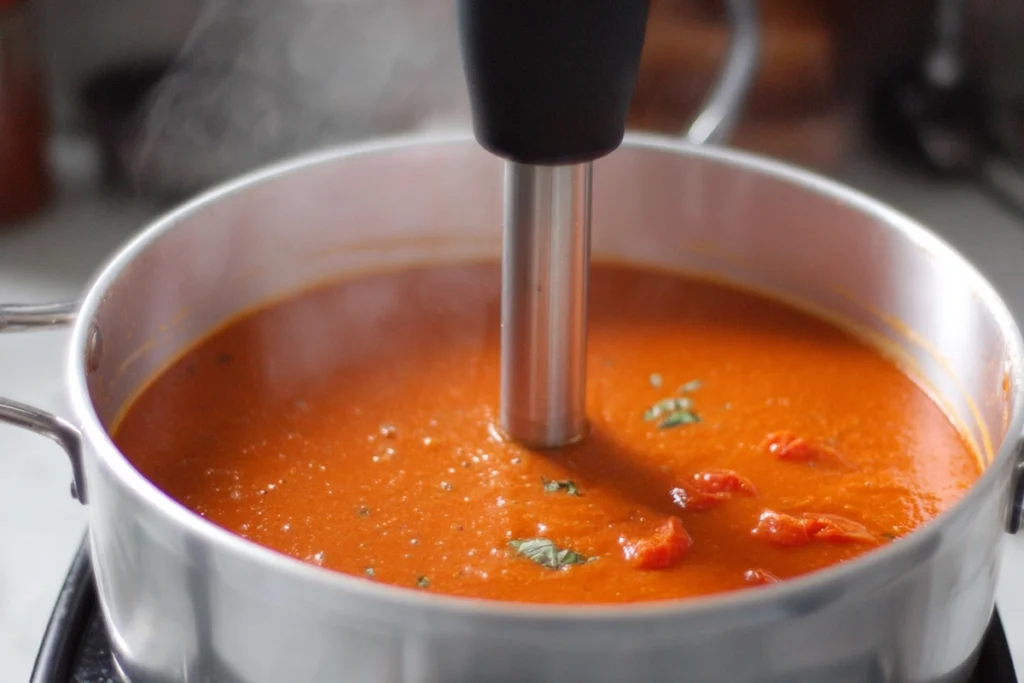 blending step for roasted tomato basil soup using immersion blender in modern kitchen