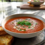photorealistic hero shot of roasted tomato basil soup in modern kitchen