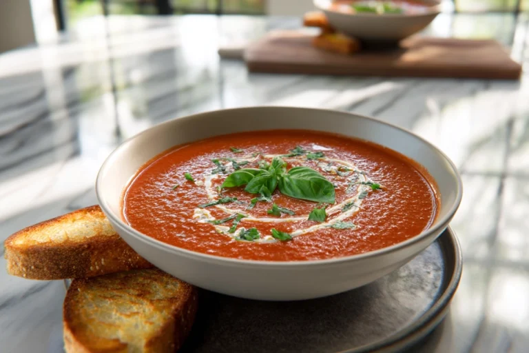 photorealistic hero shot of roasted tomato basil soup in modern kitchen