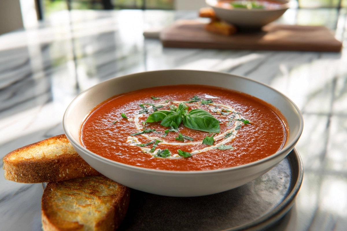 photorealistic hero shot of roasted tomato basil soup in modern kitchen