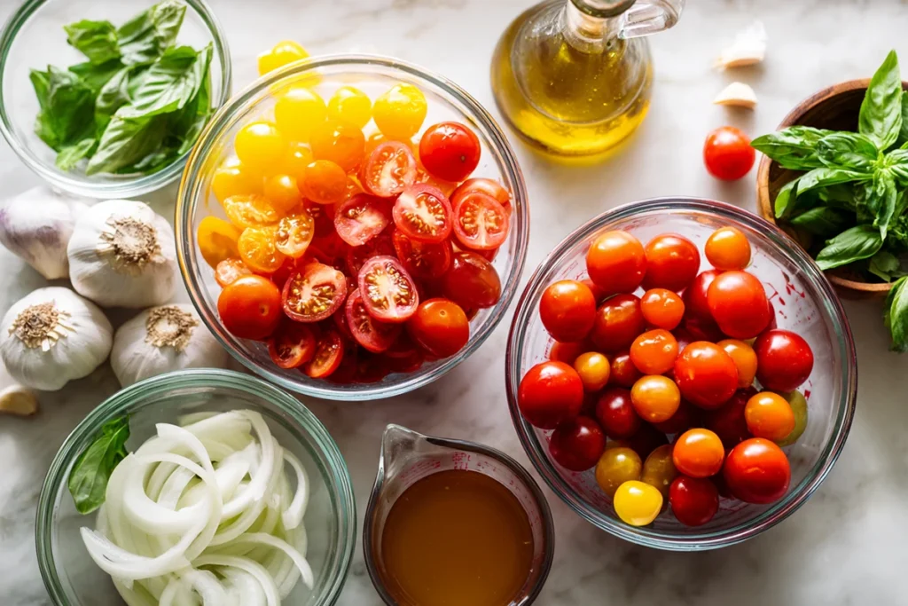 Ingredients for Roasted Tomato Basil Soup arranged on a white kitchen counter