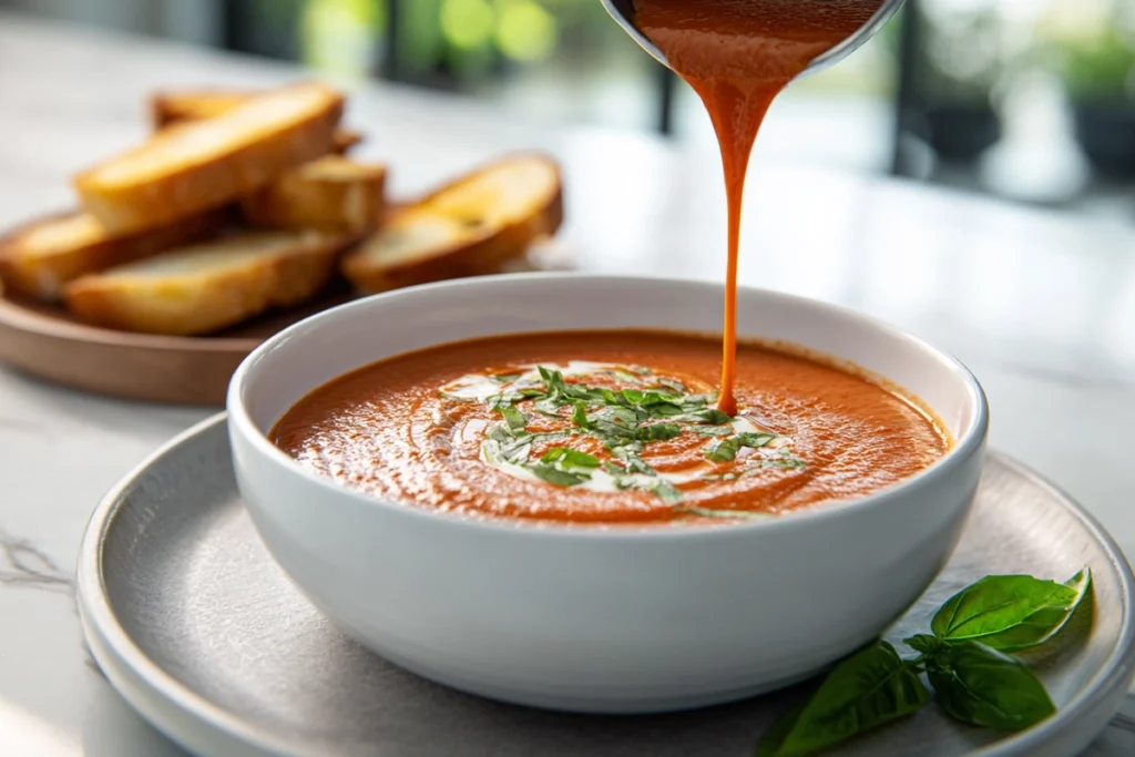 serving roasted tomato basil soup into a bowl in modern kitchen setting