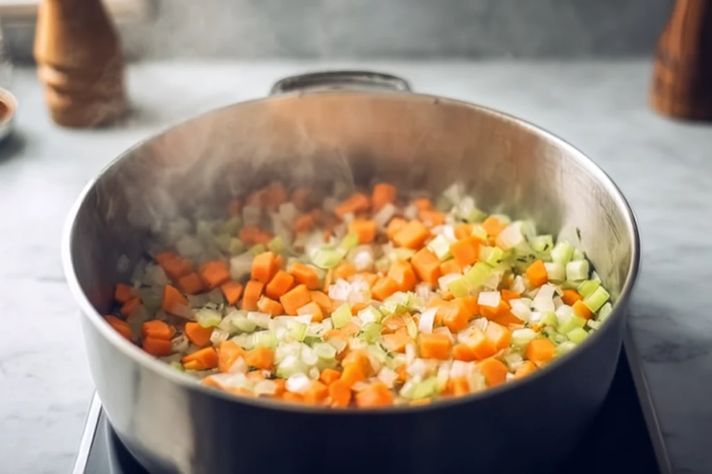 close-up of aromatics sautéing for lemon chicken orzo soup in modern kitchen