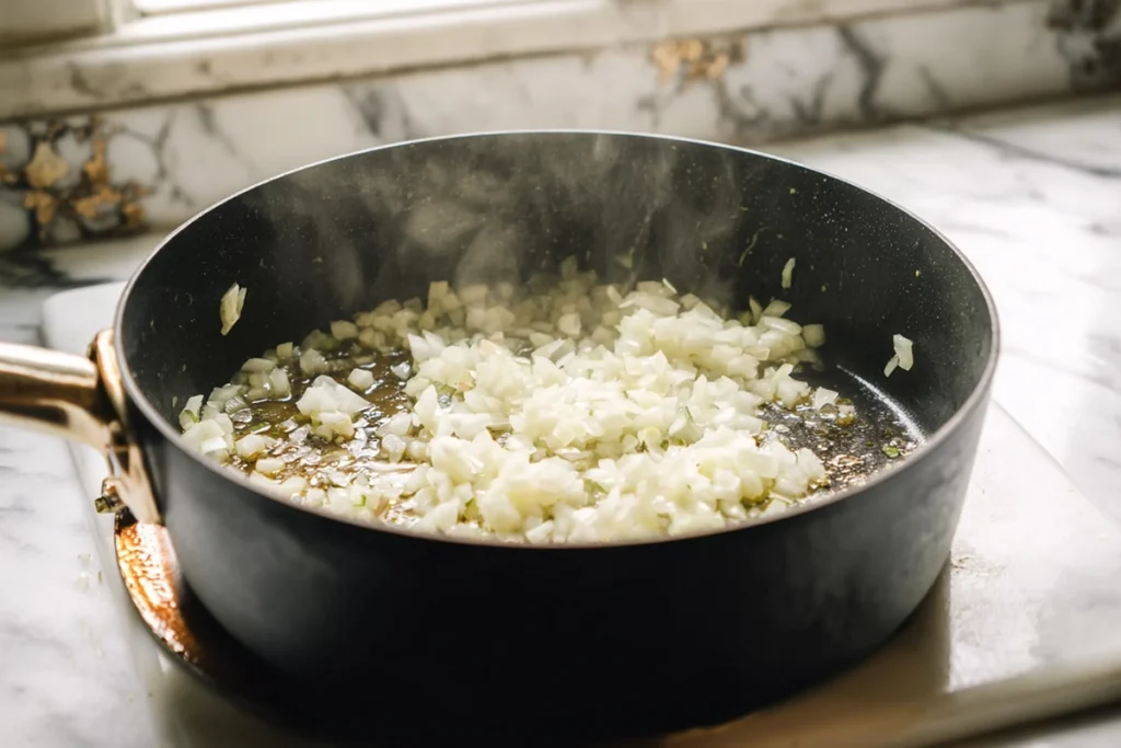 Onions and garlic sautéing in a pot as the base for white chicken chili