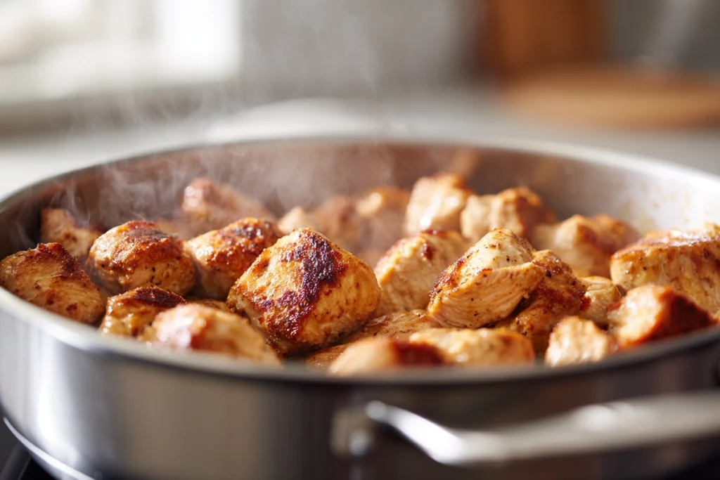 Chicken being seared in a Dutch oven for one pot chicken and rice