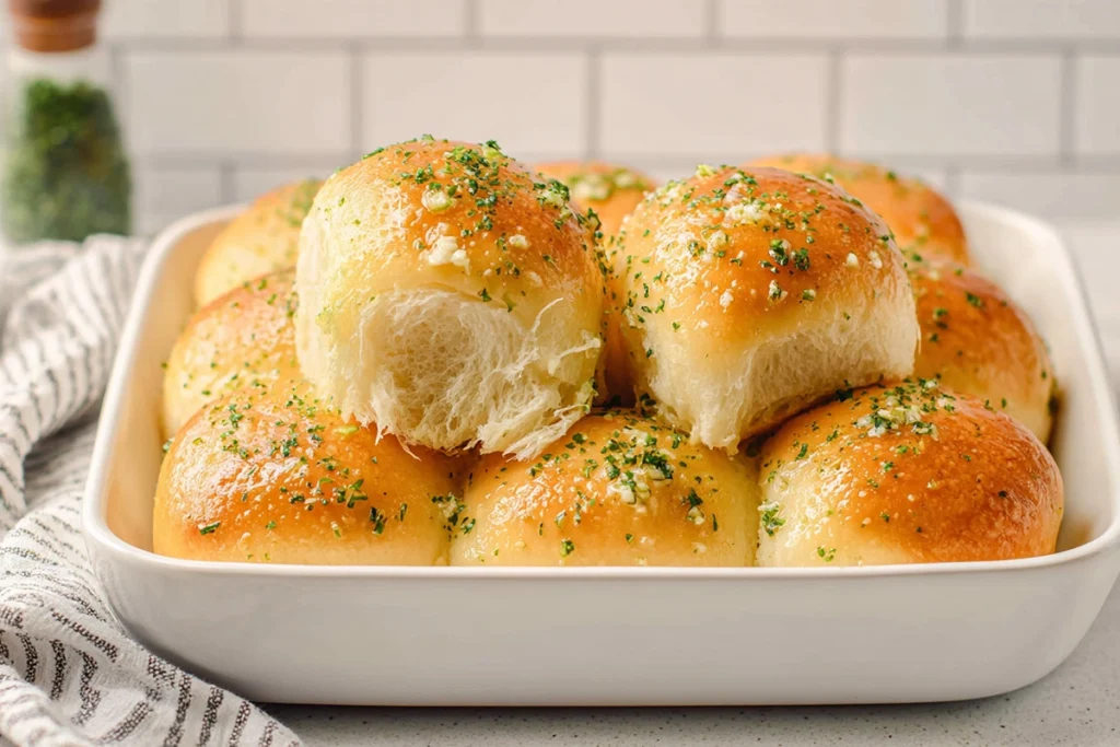 serving bowl filled with garlic butter bread rolls in modern kitchen