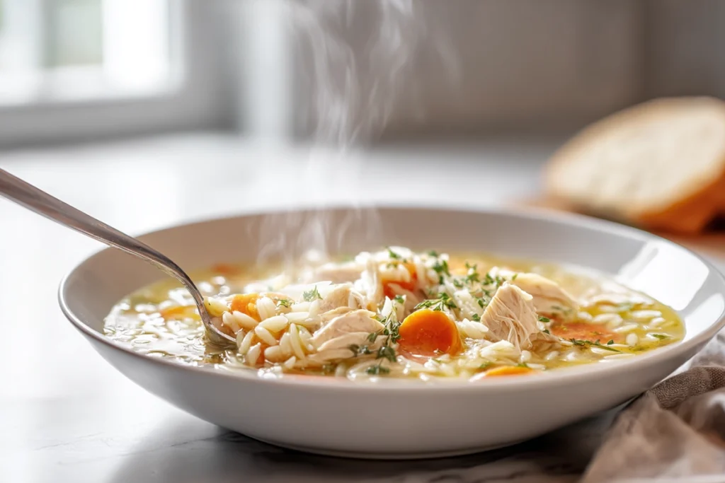 serving lemon chicken orzo soup into a bowl in bright modern kitchen