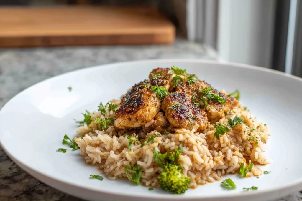 Serving spoon lifting one pot chicken and rice into a bowl in a modern kitchen