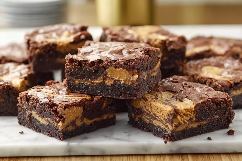 Served Peanut Butter Cup Cookie Brownies displayed on platter