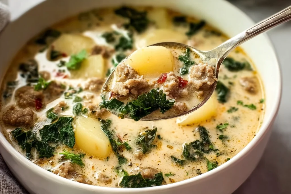 Zuppa Toscana Soup That Finally Works at Home 10 Spoonful of Zuppa Toscana Soup showing creamy broth, sausage, and potatoes