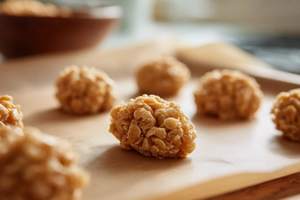 Shaping Football Rice Krispie Treats on parchment paper