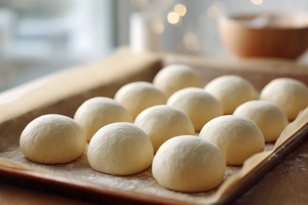 shaped dough balls for garlic butter bread rolls arranged on tray
