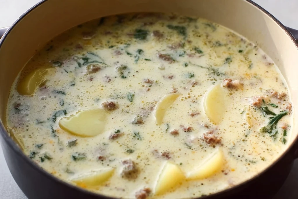 Zuppa Toscana Soup That Finally Works at Home 9 Potatoes simmering in creamy broth for Zuppa Toscana Soup