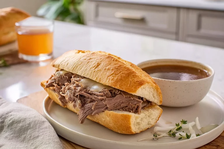 Slow Cooker French Dip sandwich with au jus on modern plate