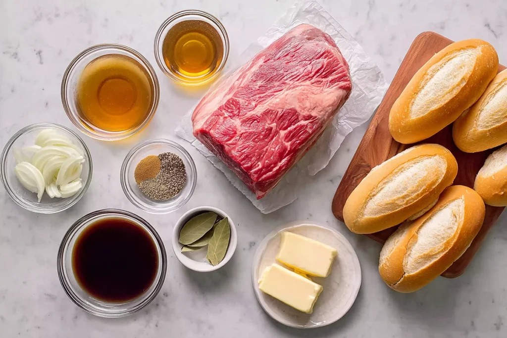Ingredients for Slow Cooker French Dip arranged on kitchen counter