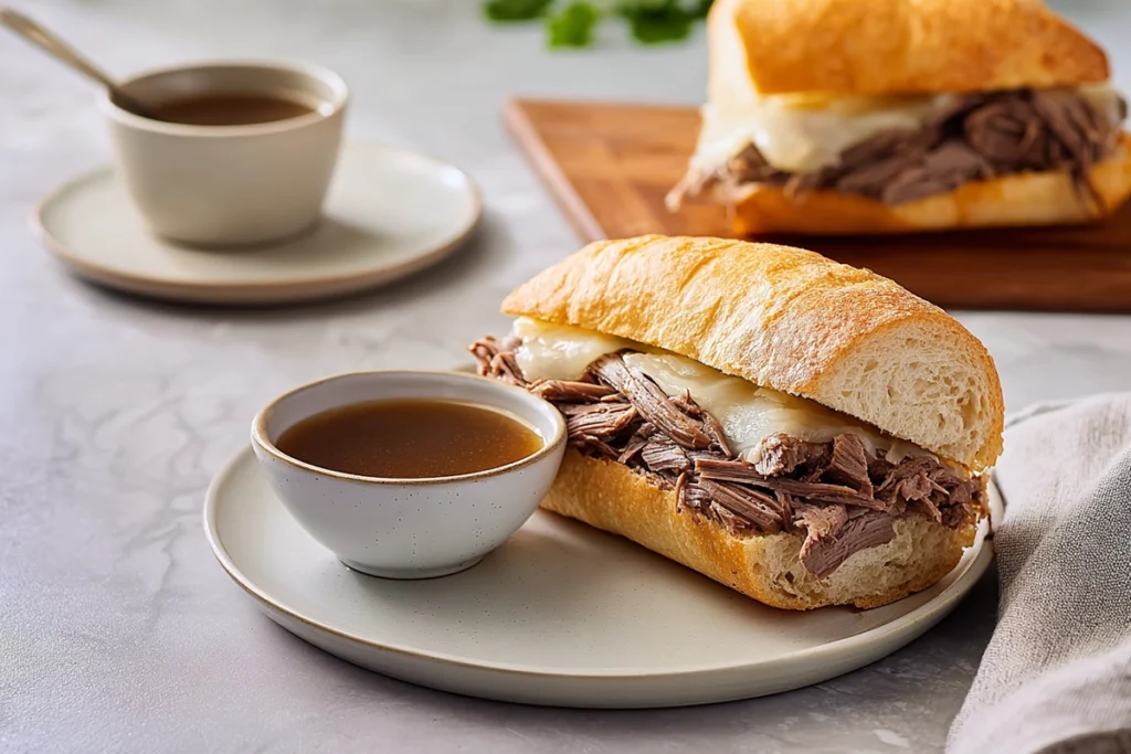 Slow Cooker French Dip sandwich served with au jus