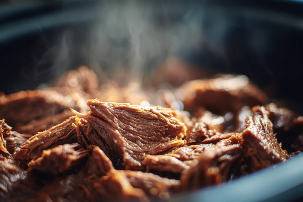 Tender shredded beef for Slow Cooker French Dip