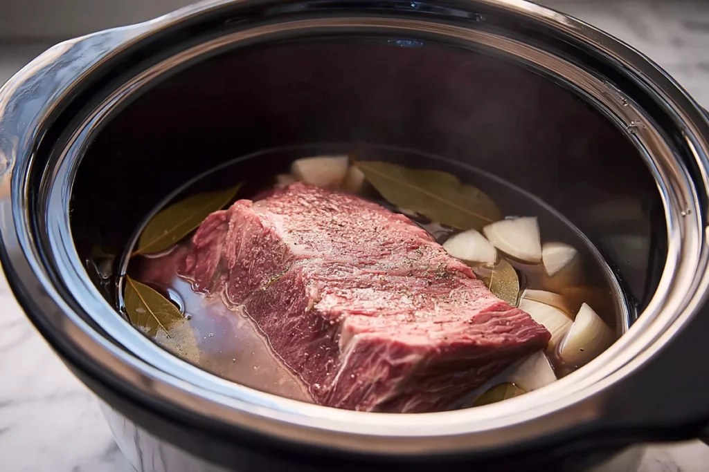 Slow Cooker French Dip ingredients assembled in slow cooker