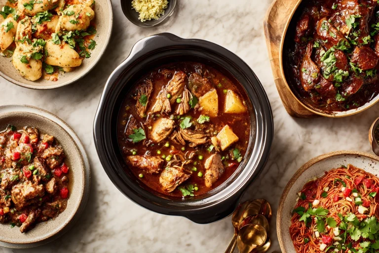 Hero image showcasing slow cooker recipes with pulled pork, beef stew, creamy chicken, and chili