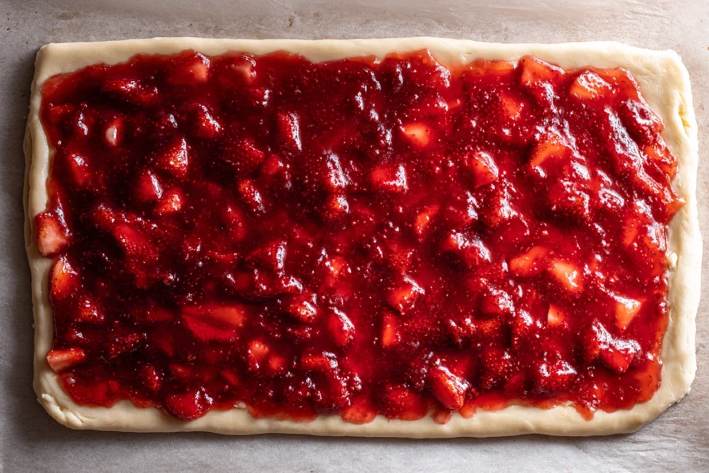 Strawberry compote spread over dough for Strawberry Cinnamon Rolls