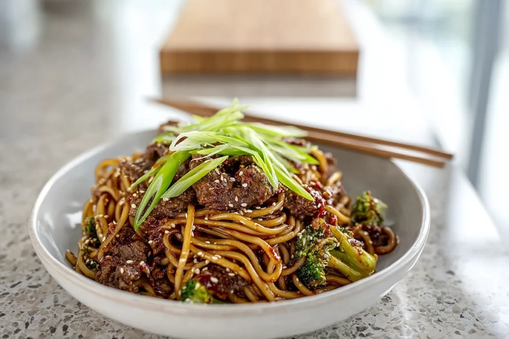 Final serving of sticky beef noodles in a modern bowl