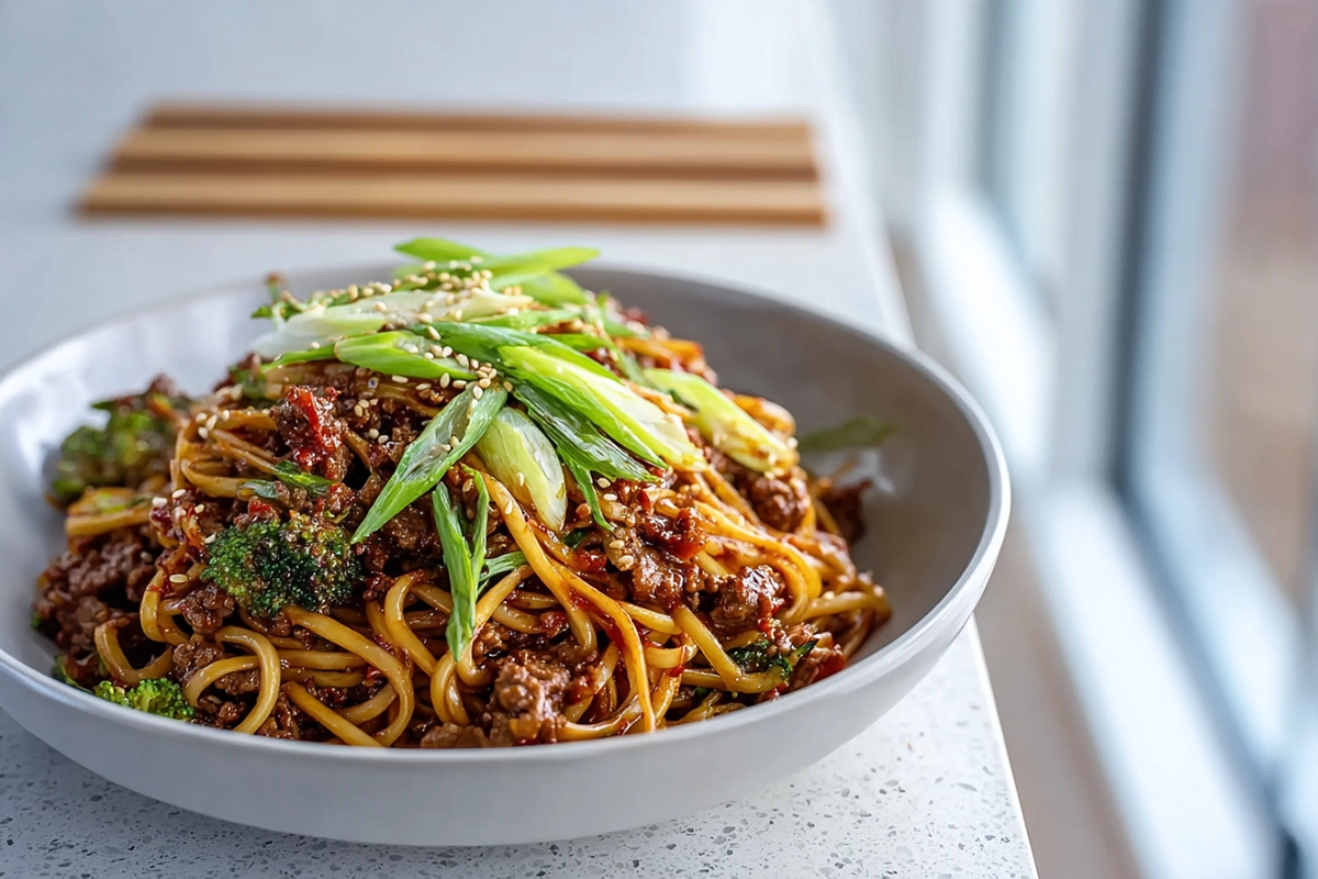 Sticky beef noodles served on a modern plate with glossy sauce and tender beef