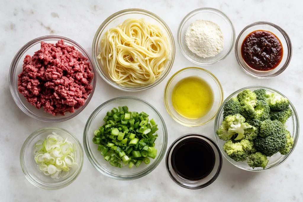 Ingredients for Sticky Beef Noodles arranged on a white kitchen counter