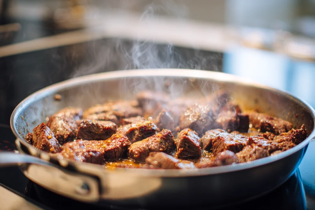 Beef slices searing in a pan for sticky beef noodles