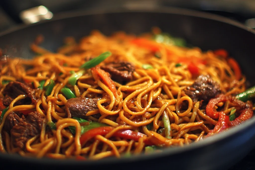 Sticky beef noodles being tossed in sauce in a skillet