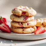 strawberry cheesecake cookies stacked on a white plate in a modern kitchen