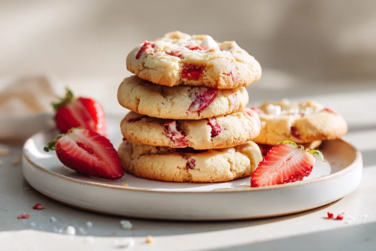 strawberry cheesecake cookies stacked on a white plate in a modern kitchen