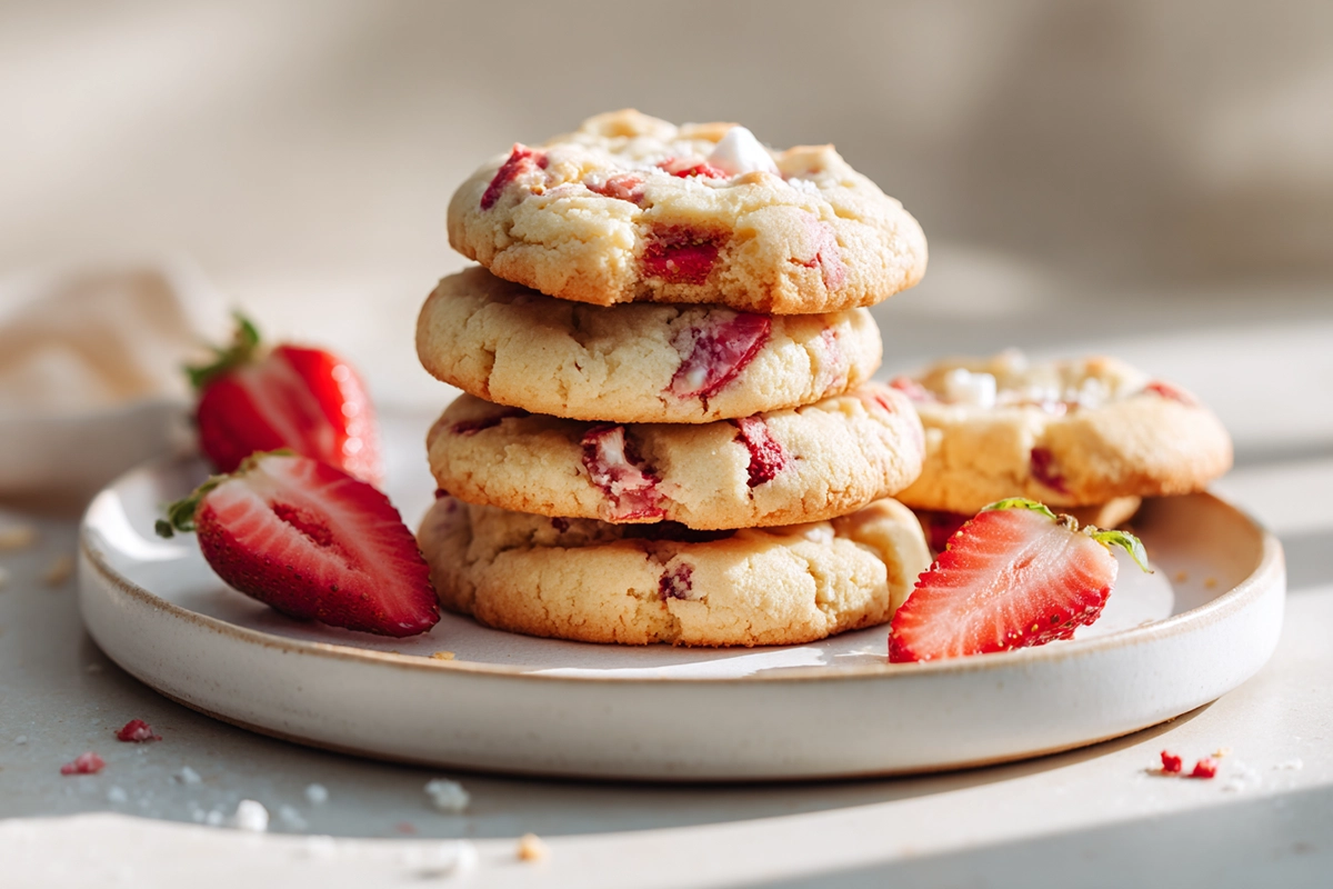 strawberry cheesecake cookies stacked on a white plate in a modern kitchen