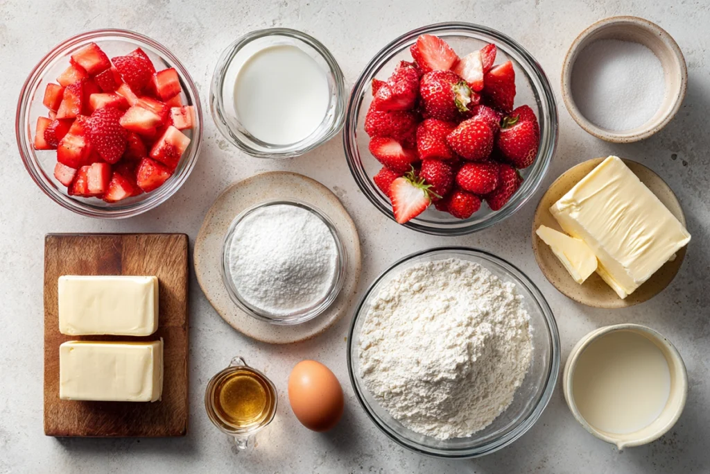 ingredients for strawberry cheesecake cookies arranged on a kitchen counter