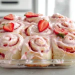 Strawberry Cinnamon Rolls with pink strawberry icing on a plate