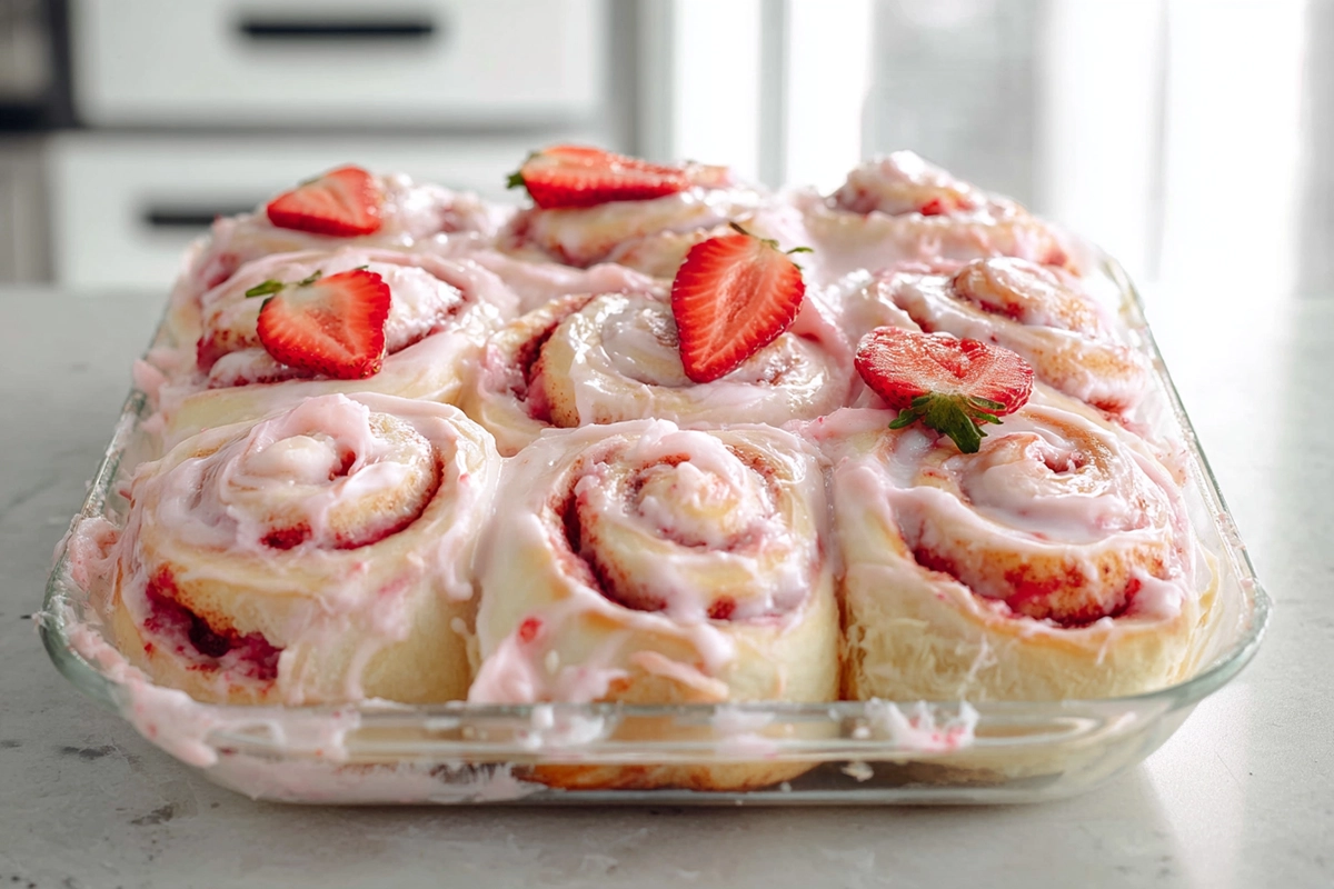 Strawberry Cinnamon Rolls with pink strawberry icing on a plate
