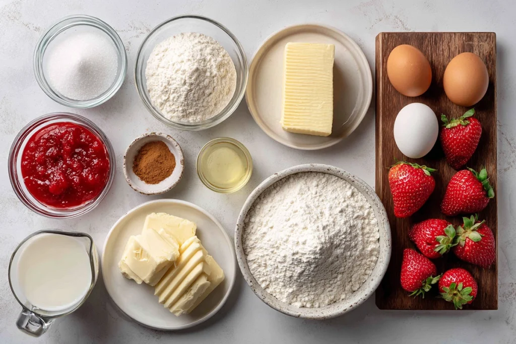 Ingredients for Strawberry Cinnamon Rolls arranged on a kitchen counter