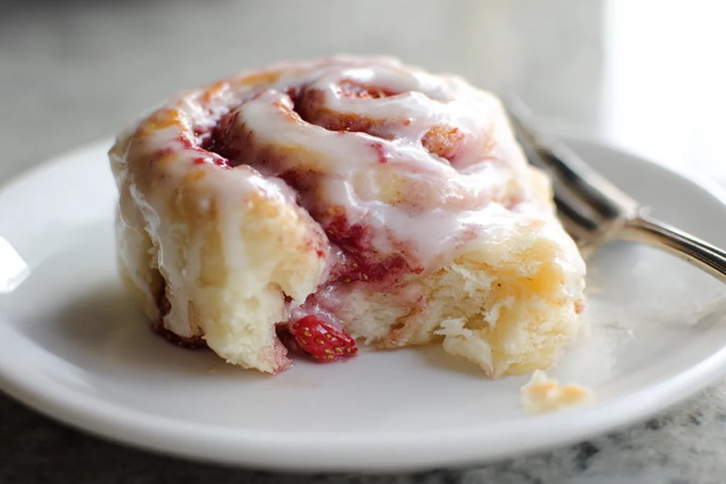 Strawberry Cinnamon Rolls showing soft interior and strawberry filling