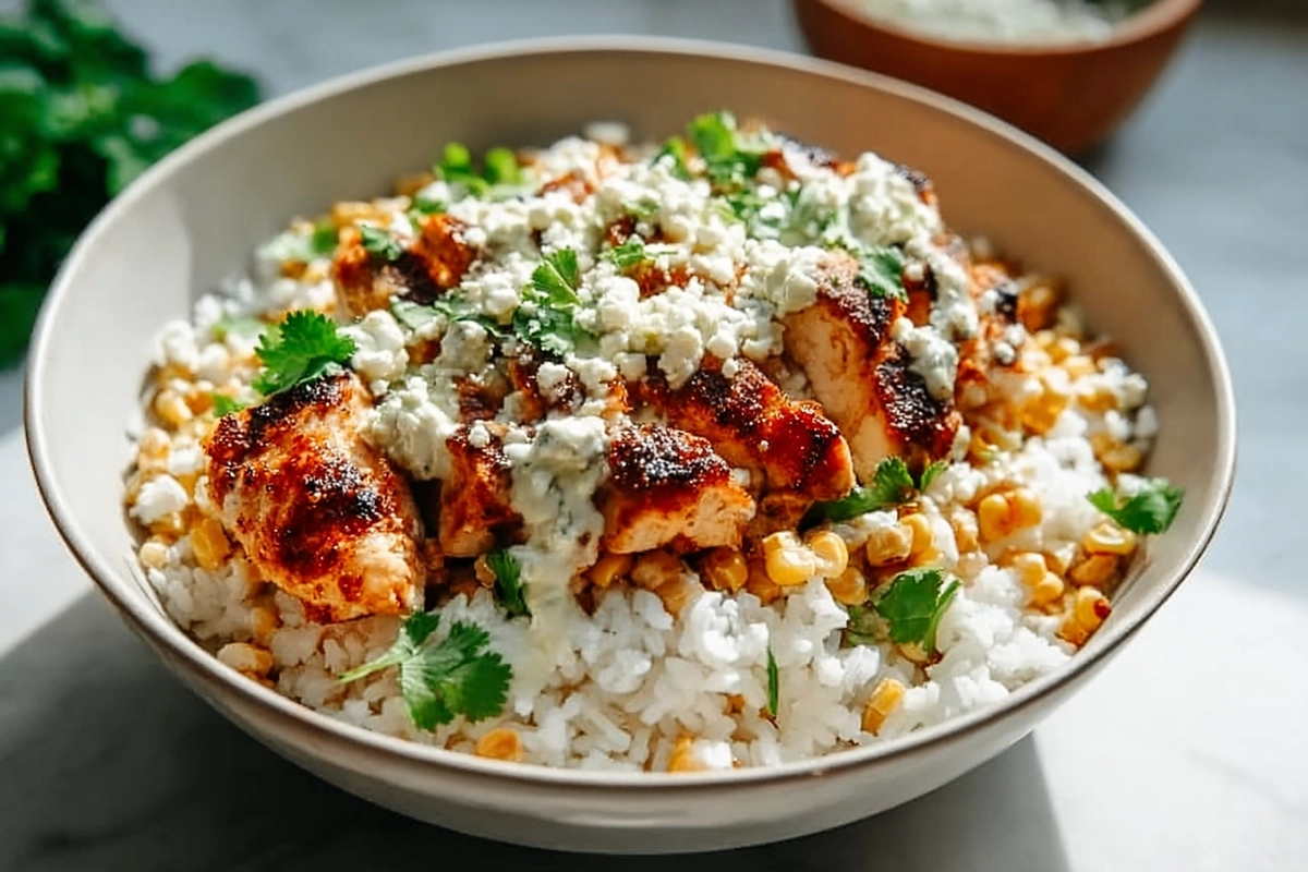 Street Corn Chicken Bowls served with creamy corn and sliced chicken