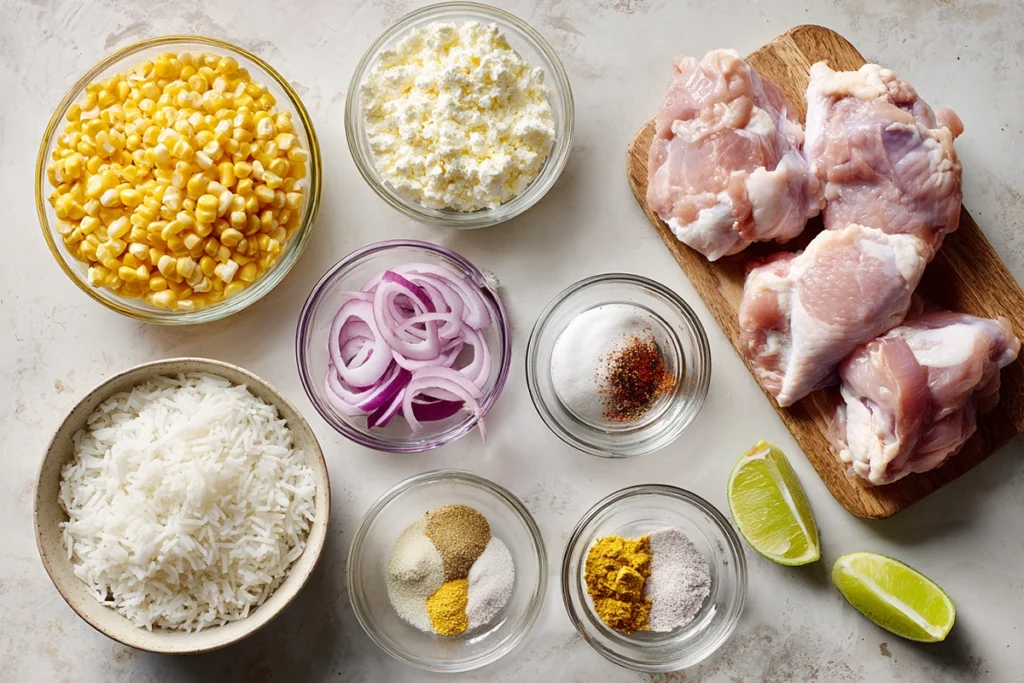 Street Corn Chicken Bowls That Actually Satisfy 7 Ingredients for Street Corn Chicken Bowls arranged on a kitchen counter