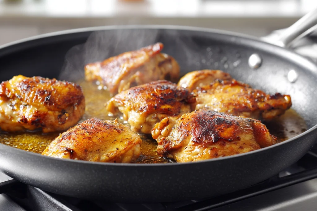 Street Corn Chicken Bowls That Actually Satisfy 8 Chicken searing in a skillet for Street Corn Chicken Bowls