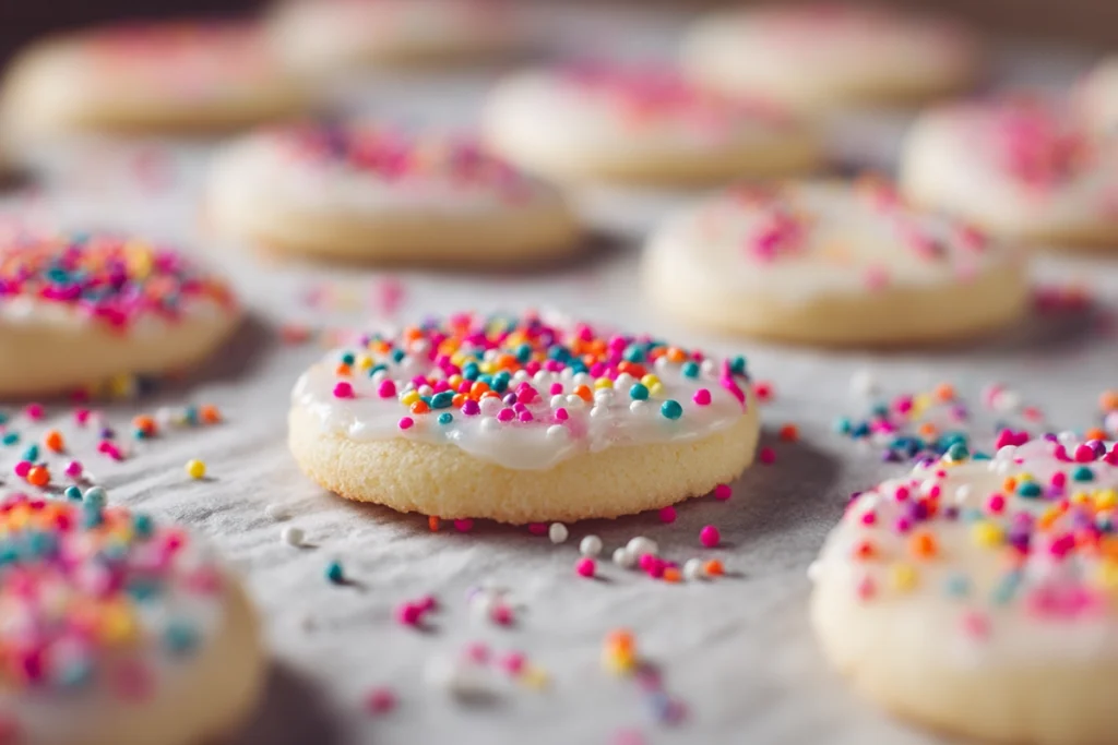Sugar Wafer Cookies with sprinkles setting on parchment paper