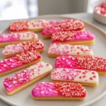 Sugar Wafer Cookies dipped in pink and white candy melts on a plate