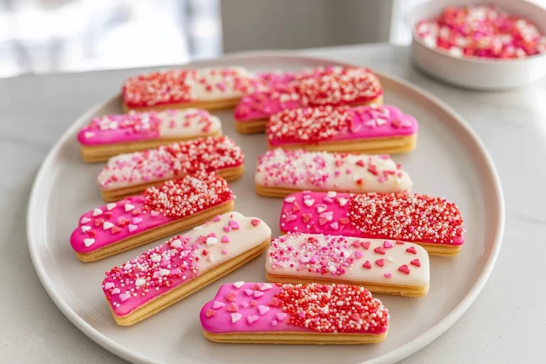 Sugar Wafer Cookies dipped in pink and white candy melts on a plate
