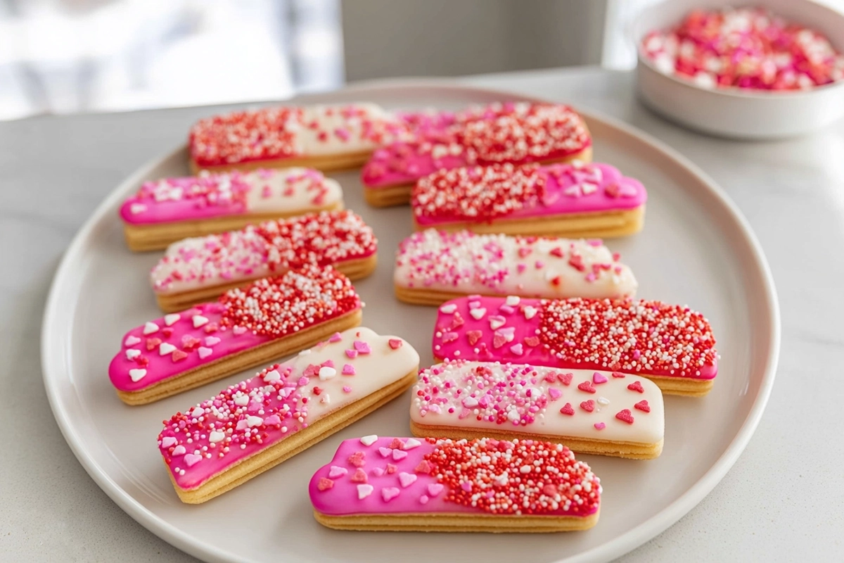 Sugar Wafer Cookies dipped in pink and white candy melts on a plate