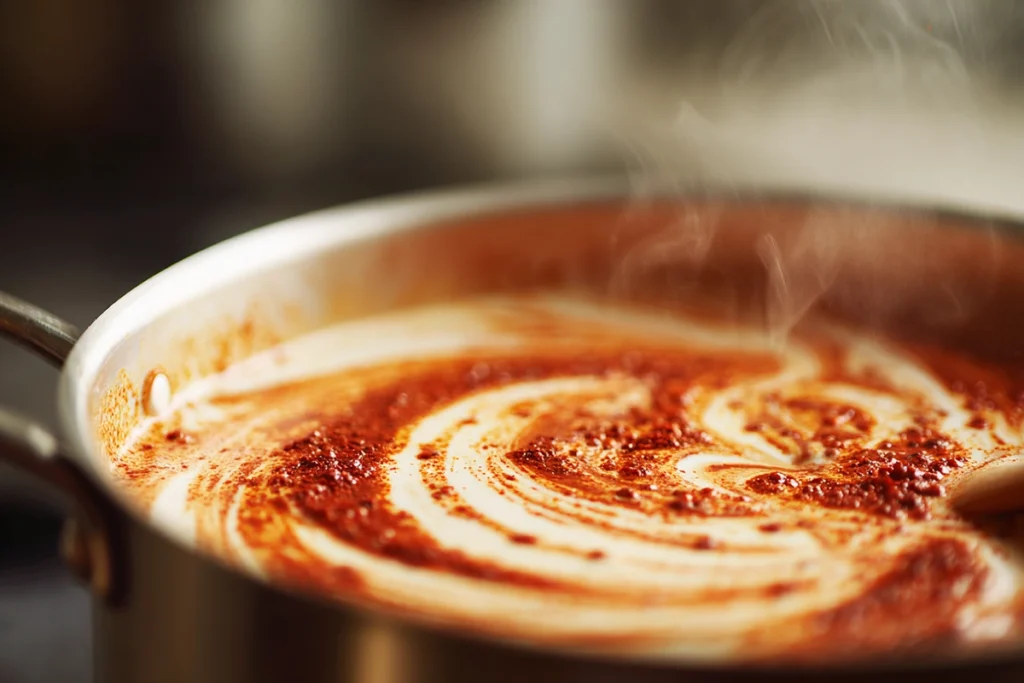 stirring thai red curry paste into coconut milk and broth for noodle soup