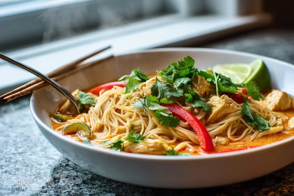 plated thai red curry noodle soup served with chicken bell peppers and cilantro in modern kitchen