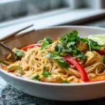 plated thai red curry noodle soup served with chicken bell peppers and cilantro in modern kitchen